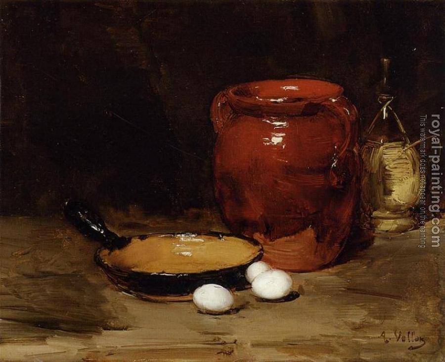 Antoine Vollon : Still Life with a Pen, Jug, Bottle and Eggs on a Table